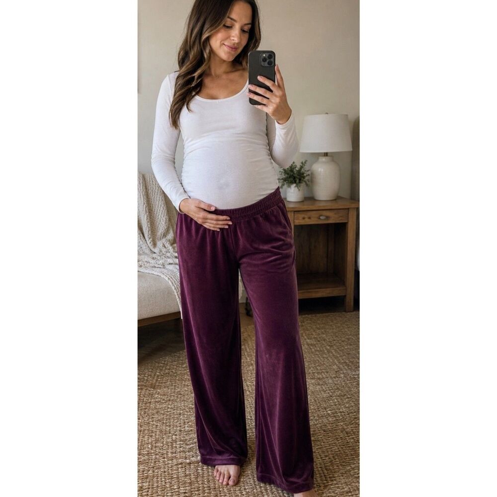 Lark + Grey Maternity Velvet Burgundy Pants Wide Leg Stretch Comfy Lounge Soft M
